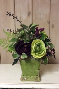 $55 WK-402.  Square antique green ceramic pot with burgundy and green Ranunculus