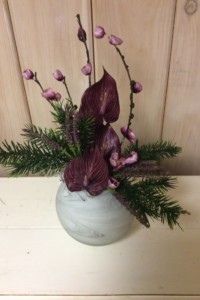 $48.  WK-Q.   Grey swirl glass container with burgundy Calla Lilies