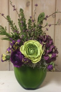 $45.  WK-V.   Green glass container with green Peony, purple rosebuds