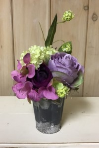 $30. WK-89B.  Antique tin pot with purple Roses; pink and white Hydrangeas