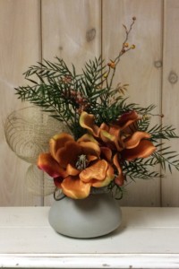 $42. WK-341C.    Orange magnolias in cream ceramic pot