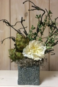 $55 WK-X.  Green mosaic ceramic pot with white Peony, artichokes