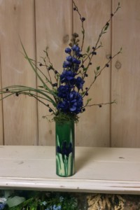 $35.  WK-500.  Blue and green ceramic Iris vase with Blue Monkshood.
