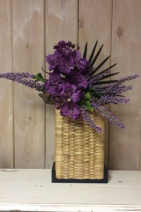 $150.  WK-501.   Tall upright basket with purple Vanda Orchids