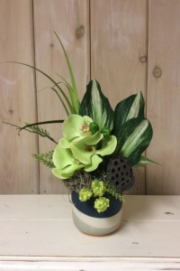$39. WK-349B.    Blue and grey swirl ceramic pot with green Orchids