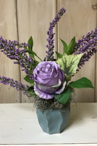 $30 WK-459 H Ruffle pot with lilac Rose and wildflowers