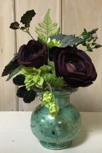 $38 WK-353A   Antique verdigris glass vase with burgundy Ranunculus and Blackberries